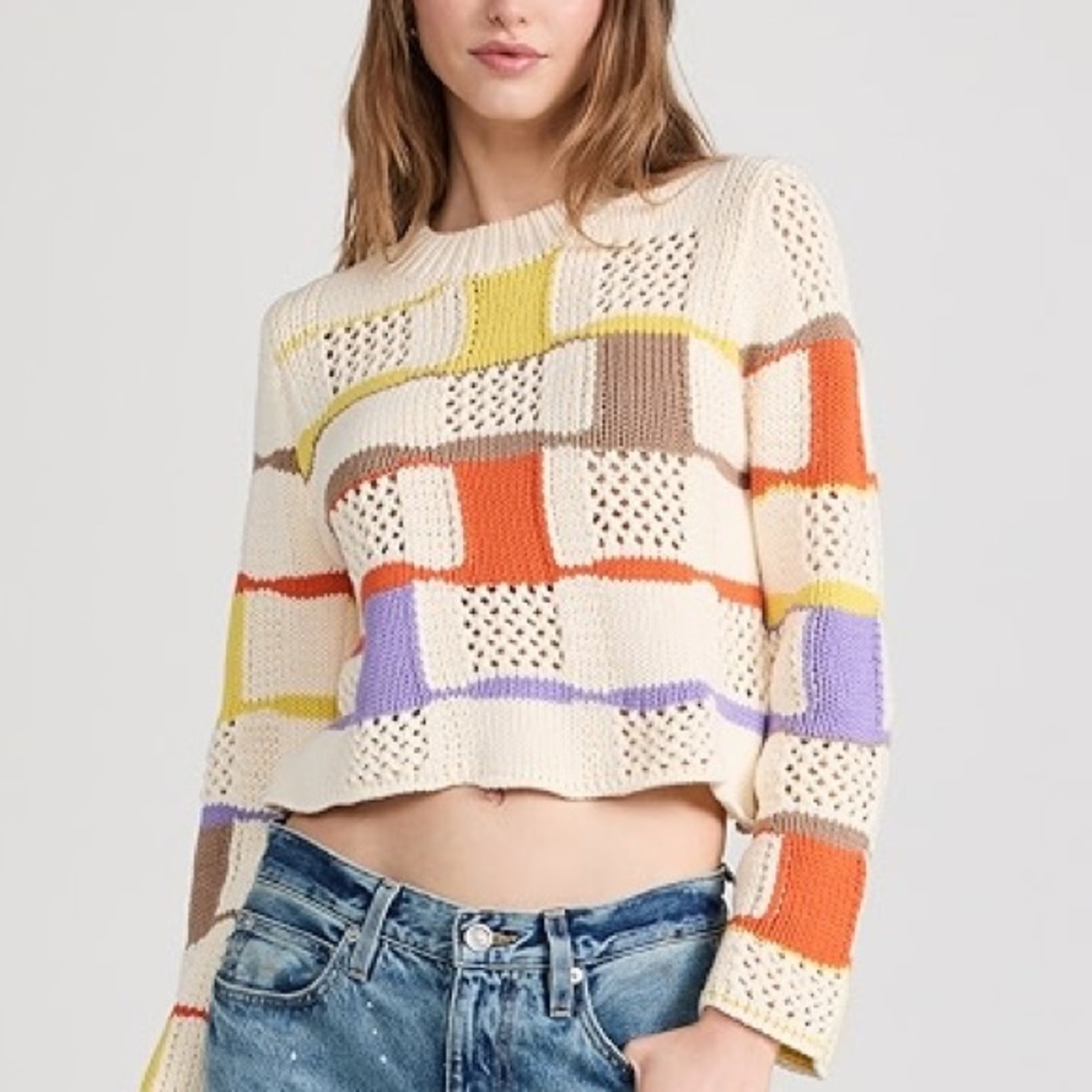 Line & Dot Adored Crochet Patchwork Open Knit Cropped Sweater Small